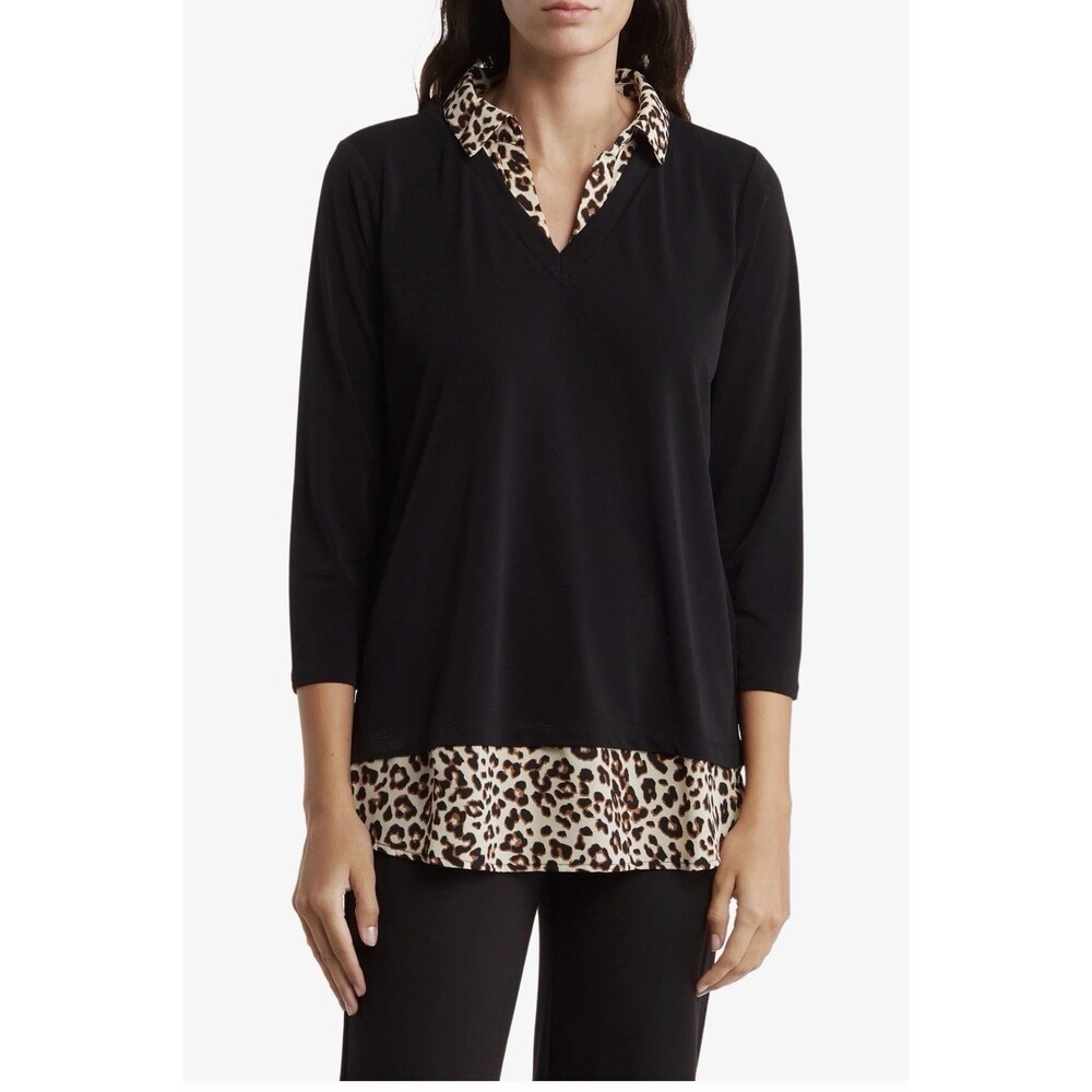 Adrianna Papell Mixed Media Shirt Womens 2X Black Animal Print